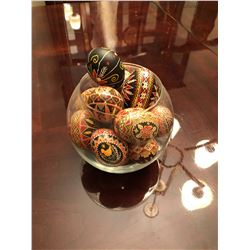 Decorative Hand Painted Eggs W/Glass Bowl