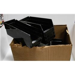 BOX  OF SMALL BLACK STACKABLE BINS