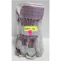 6 PAIR OF LEATHER WORK GLOVES; SIZE LARGE