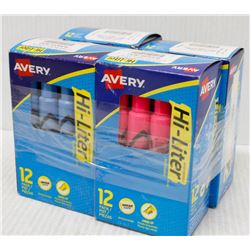 4 BOXES OF AVERY HI-LITERS, 12 PER BOX, BLUE, PINK