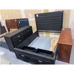 6 piece bedroom suite includes queen head board, captains foot board, 2-rails, slats and 6 drawer dr