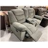 Image 3 : Double Upholstered Gray Theater Seat Reclining Sofa with storage and cup holders