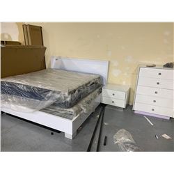 7 piece White King Size Bed Set with matching night stand and 5 drawer dresser, headboard, footboard