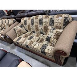 Earth Tone Paisley Print Round Arm with wood trim Sofa