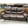 Image 1 : Brown Leather Triple Seat Reclining Sofa ( one seat has loose springs)