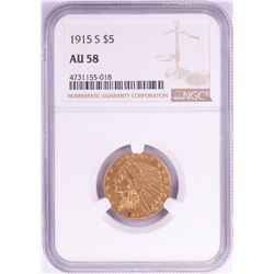 1915-S $5 Indian Head Half Eagle Gold Coin NGC AU58