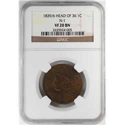 1839/6 Coronet Head of 36 Large Cent Coin NGC VF20 BN