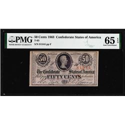 1863 Fifty Cents Confederate States of America Note T-63 PMG Gem Uncirculated 65EPQ