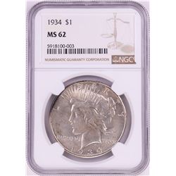 1934 $1 Peace Silver Dollar Coin NGC MS62