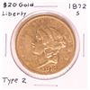 1872-S $20 Type 2 Liberty Head Double Eagle Gold Coin