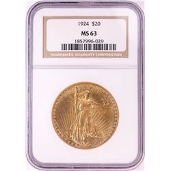 1924 $20 St. Gaudens Double Eagle Gold Coin NGC MS63