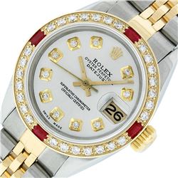 Rolex Ladies Two Tone Silver Diamond & Ruby Oyster Perpetual Datejust Watch