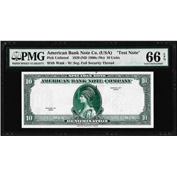 1929 10 Unit American Bank Note Co. "Test Note" PMG Gem Uncirculated 66EPQ