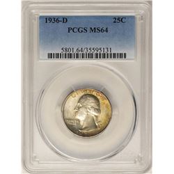 1936-D Washington Quarter Coin PCGS MS64 Nice Toning