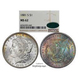 1881-S $1 Morgan Silver Dollar Coin NGC MS62 CAC Amazing Toning