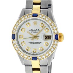 Rolex Ladies Two Tone 18K Gold Bezel Silver Diamond & Sapphire Datejust Watch