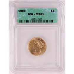 1900 $5 Liberty Head Half Eagle Gold Coin ICG MS61