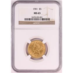 1901 $5 Liberty Head Half Eagle Gold Coin NGC MS63