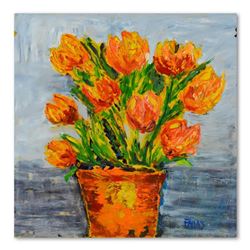 Elliot Fallas, "Impasto Orange Floral" Original Oil Painting on Gallery Wrapped Canvas, Hand Signed 