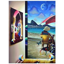 Ferjo, "Reading on the Beach" Original Painting on Canvas, Hand Signed with Lett