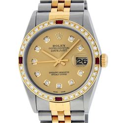 Rolex Mens 2 Tone Champagne Diamond & Ruby 36MM Datejust Wriswatch Oyster Perpet