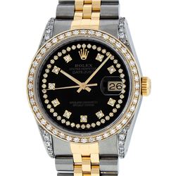 Rolex Mens 2 Tone Black Diamond Lugs 36MM Datejust Wristwatch Oyster Perpetual