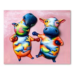 Wang, "Boxing Cows" Hand Painted Limited Edition Bas Relief Sculpture, Numbered