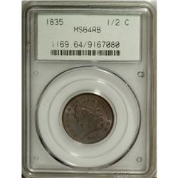 1835 1/2 C MS64 Red and Brown PCGS. C-1, B-1, R.1. Thi