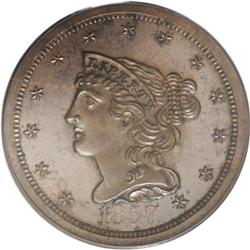 1857 1/2 C PR64 Brown PCGS. C-1, B-2, R.4. Doubling on