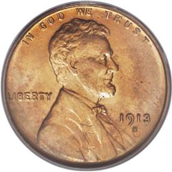 1913-S 1C MS65 Red PCGS. Bright gold color dominates t