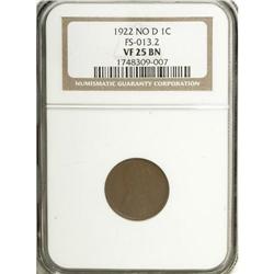 1922 No D 1C Weak Reverse VF25 NGC. Die Pair 3. Only g