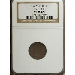 1922 No D 1C Weak Reverse VF25 NGC. Die Pair 3. No cra