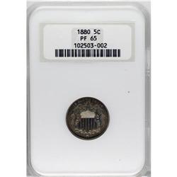 1880 5C PR65 NGC. The lemon-gold centers are framed by
