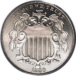 1880 5C PR67 Cameo PCGS. The steel-gray surfaces displ