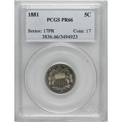 1881 5C PR66 PCGS. A blend of pale aqua, gold, sunset-