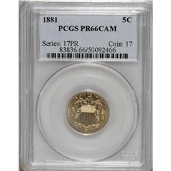 1881 5C PR66 Cameo PCGS. Sharply struck with a layer a