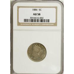 1886 5C AU58 NGC. A dusky tan and pearl-gray near-Mint