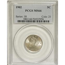 1902 5C MS66 PCGS. A silver-white, untoned coin, sharp