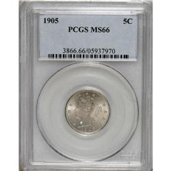 1905 5C MS66 PCGS. Satiny and solidly struck with gold