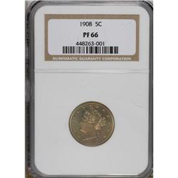 1908 5C PR66 NGC. A delicate mix of gold, lilac, and l