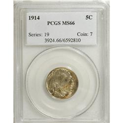 1914 5C MS66 PCGS. Gold and iridescent toning adheres