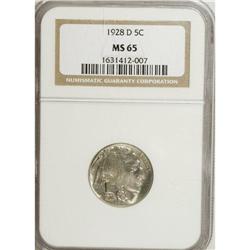 1928-D 5C MS65 NGC. Super luster radiates from this br