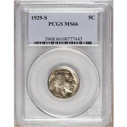1929-S 5C MS66 PCGS. Rose and gold patina adorns both