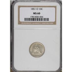 1851-O 10C MS60 NGC. Well struck and lustrous, with ju