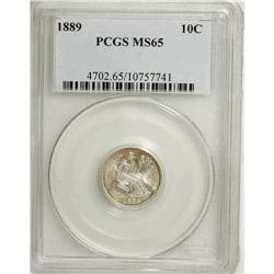 1889 10C MS65 PCGS. Brilliant and frosted, there is a