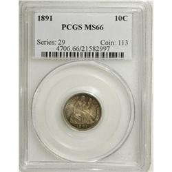 1891 10C MS66 PCGS. Solidly struck with gorgeous blue-