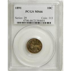 1891 10C MS66 PCGS. The frosty, smooth surfaces displa