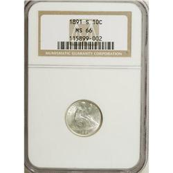 1891-S 10C MS66 NGC. Slightly weak on Liberty''s hair,