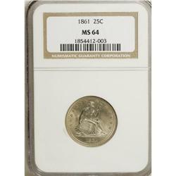 1861 25C MS64 NGC. Type Two Obverse and Reverse. The s