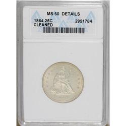 1864 25C --Cleaned--ANACS. MS60 Details. A pleasing, st